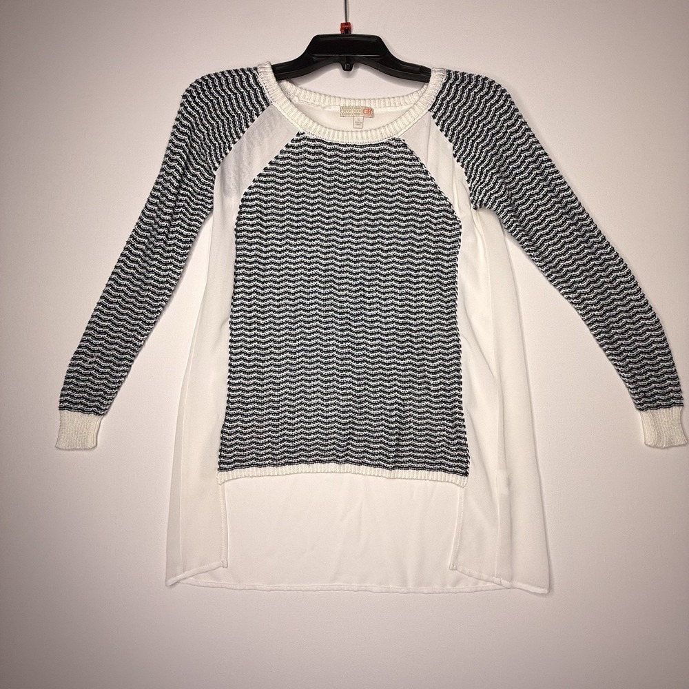 GB Sweater Sheer Top Women's Small White and Blue Long Sleeve Pullover